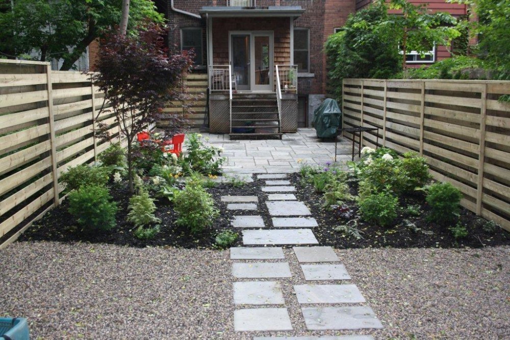 contemporary, stepping stones, pea gravel, natural stone patio, contemporary fence